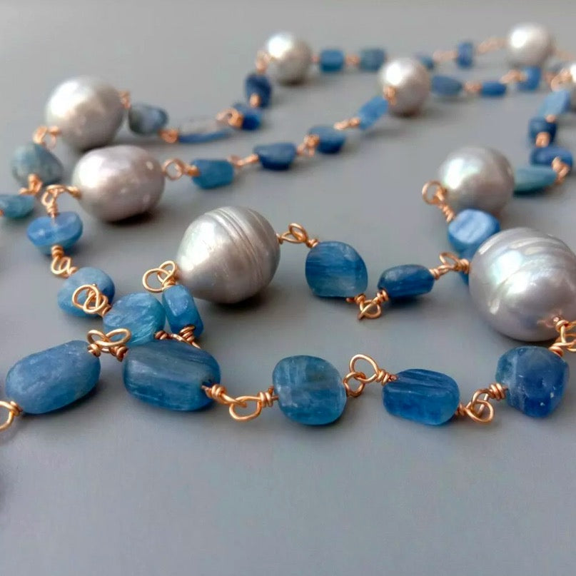Natural Blue Kyanite and Pearl Gemstone Statement Necklace with a 18k Brushed Gold Vermeil Pendant