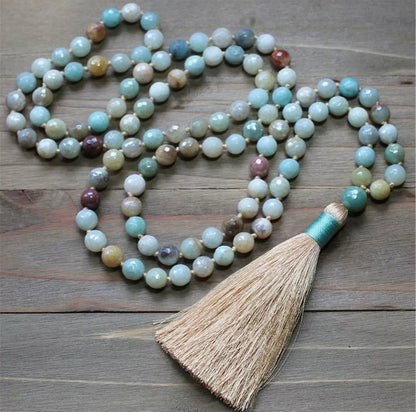 Multi-Colored Amazonite Double Knotted Gemstone Tassel Necklace 54"