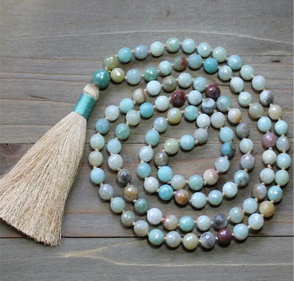 Multi-Colored Amazonite Double Knotted Gemstone Tassel Necklace 54"