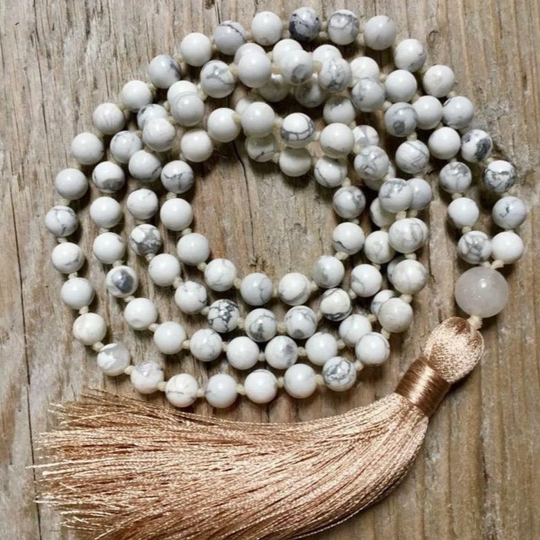 Natural White Howlite Double Knotted Gemstone Tassel 54" Necklace