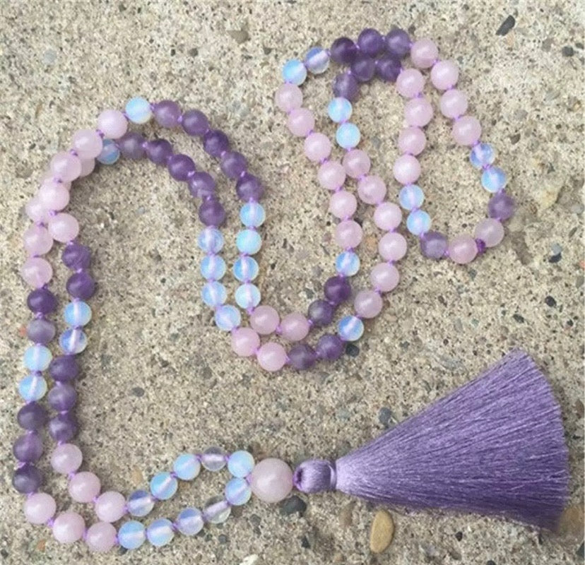 Purple Amethyst and Rose Quartz Gemstone Tassel Statement Necklace 54"