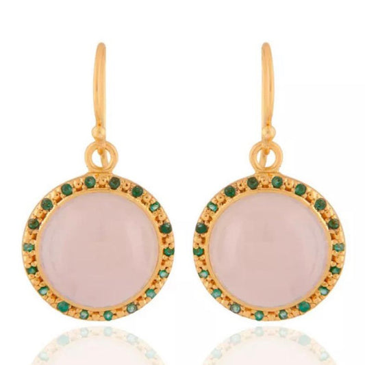 Emerald and Rose Chalcedony Gemstone Dangle Earrings 1.5