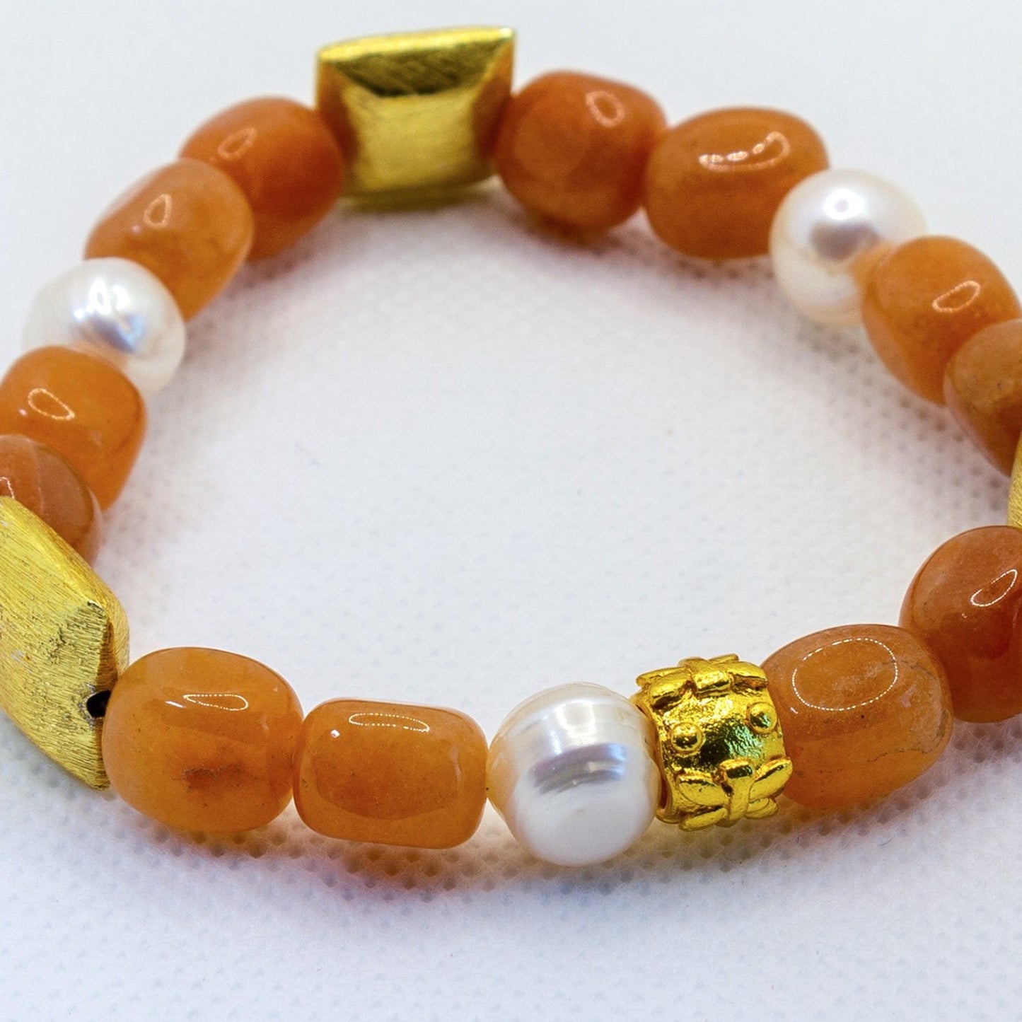 Dainty Light Orange Aventurine, Freshwater Pearl Gemstones Gold Vermeil Bracelet
