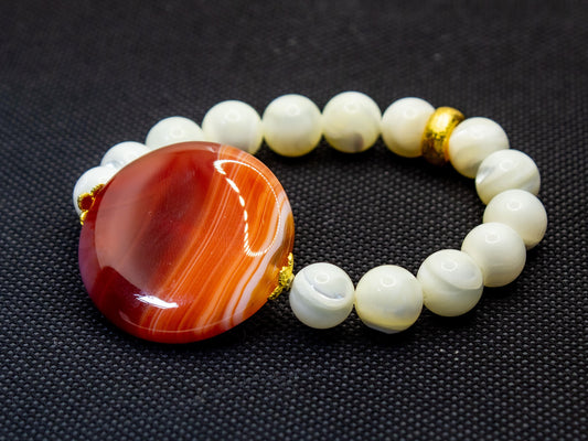 Pretty Orange-Striped Agate and Mother of Pearl Beaded Bracelet