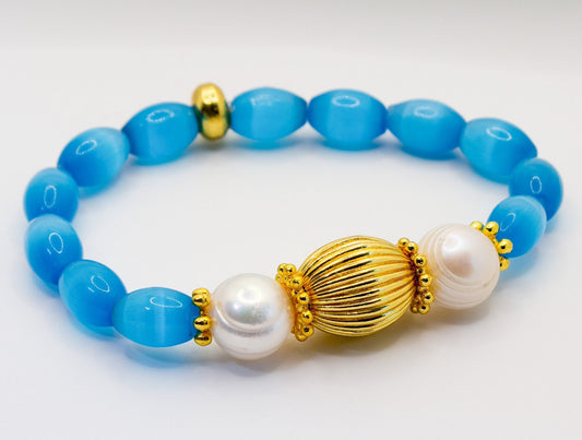 Blue Mexican Fire Opal Gemstone Beaded Bracelet, 18k Gold-Filled Center Bead and Baroque Pearls