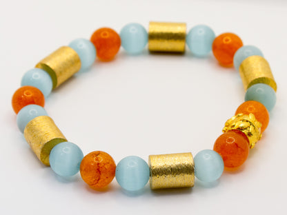 Aquamarine & Carnelian Gemstone 18K Brushed Gold Beaded Bracelet