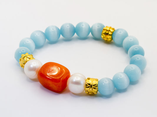Orange Carnelian and Light Blue Cat's Eye and Freshwater Pearl Beaded Bracelet