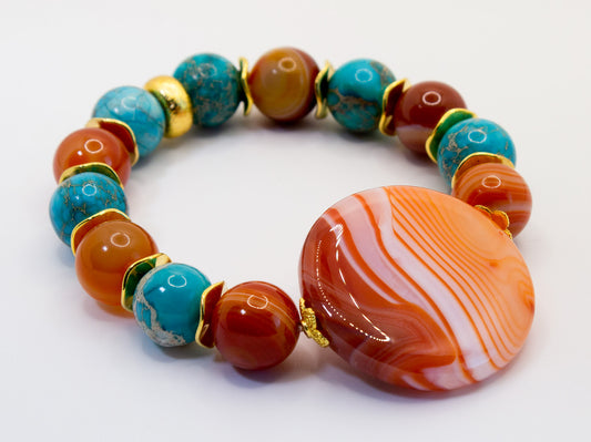 Orange Carnelian and Turquoise Gemstone Beaded Bracelet with Striped Onyx Center Accent