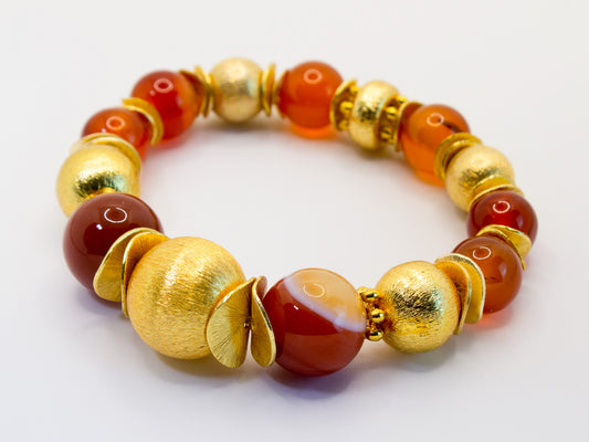 Orange Carnelian, Orange Stripes Botswana Agate Gemstones and Brushed Gold Vermeil Bracelet