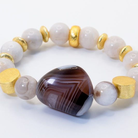 Rare Botswana Freeform Agate Gemstone and Grey Striped Onyx Statement Bracelet With Gold Vermeil Accents