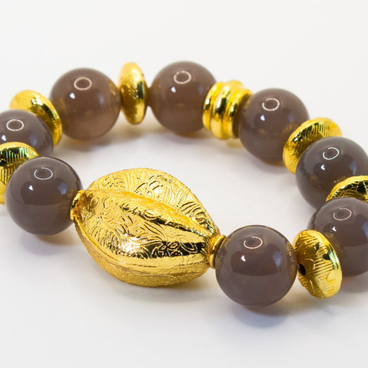 Large Grey Agate Gemstones Statement Bracelet Accented with 18k Gold Vermeil Melon-shaped Center Bead