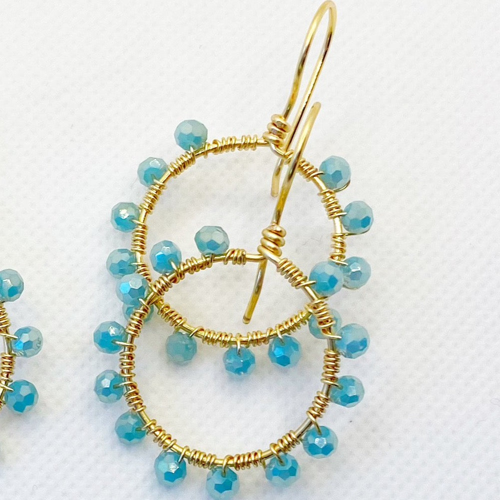 Aquamarine Semi-Precious Gemstones Gold Hoop Earrings 1.5"