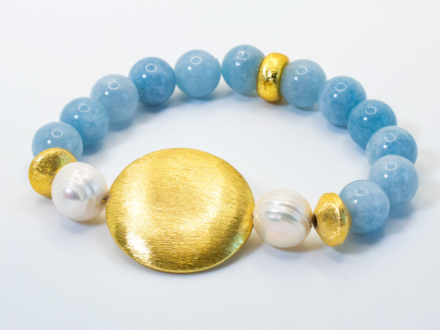 Light Blue Aquamarine and Pearl Gemstone Beaded Bracelet with Gold Vermeil Accents