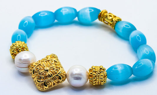 Blue Mexican Fire Opal and Pearl Gemstone Bracelet with 18k Gold Bali Beads