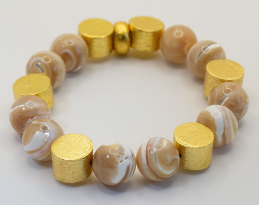Mother of Pearl (Beige) Beaded Bracelet with Brushed Gold Vermeil