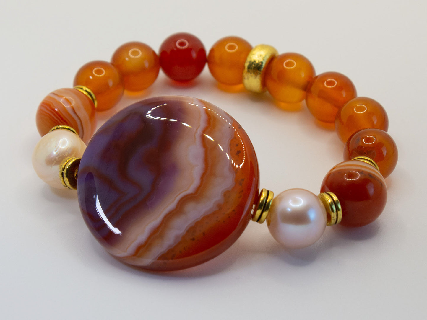 Orange Carnelian, Striped Botswana Agate and Baroque Pearls Statement Bracelet