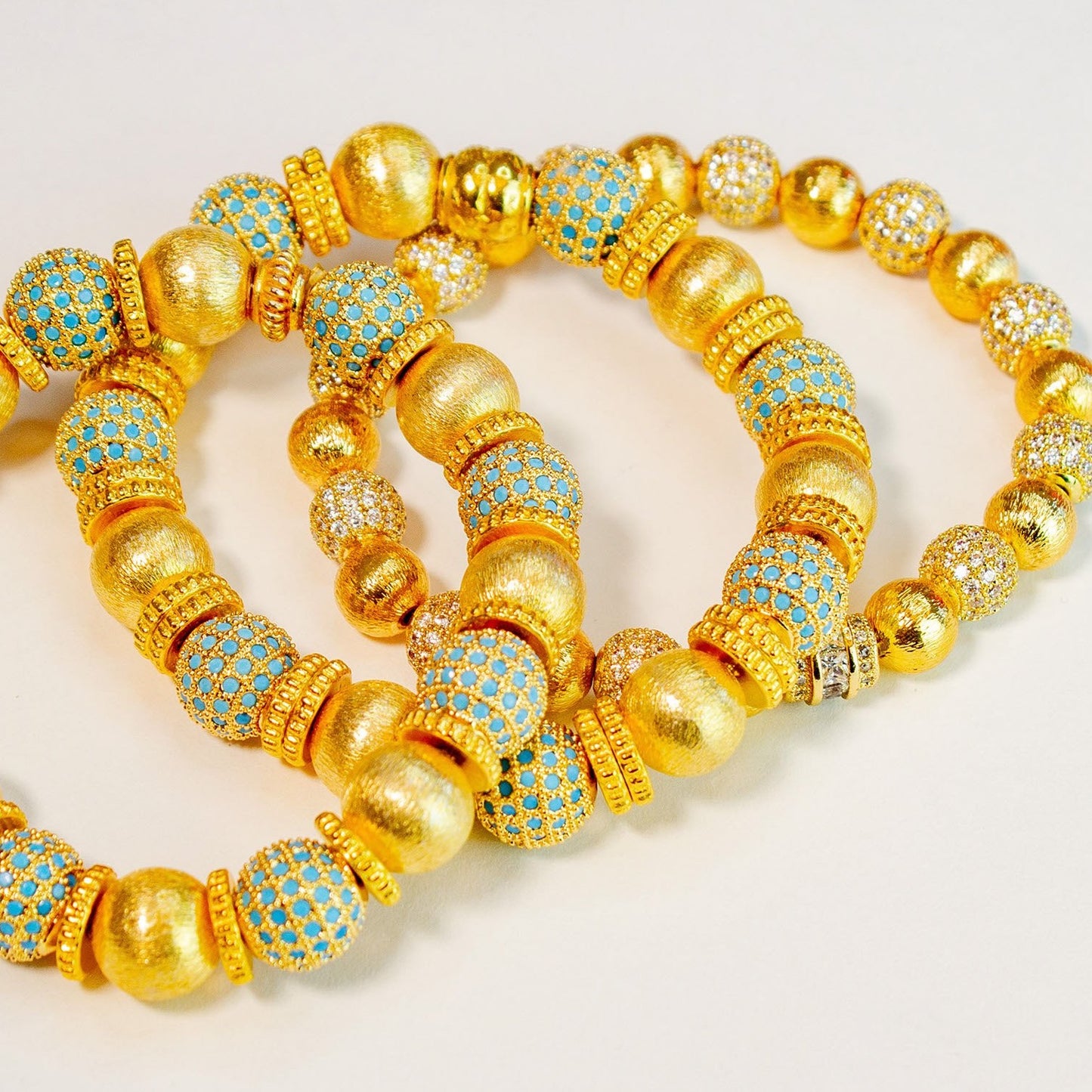 Elegant and Classic 24k Gold Pave Beads and Gold Vermeil Beaded 7" Bracelet