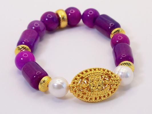 Purple Sugilite and Freshwater Pearl Gesmtones Vermeil Bali Filigree Beaded Bracelet