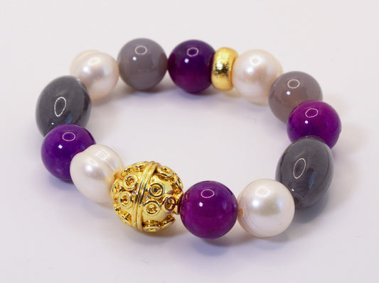 Purple Sugilite, Gray Onyx, and Baroque Pearl Gemstone Beaded Bracelet