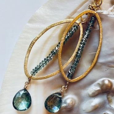 Elegant Blue-Green Topaz Gemstones and 18k Brushed Gold Vermeil Dangle Earrings 3”