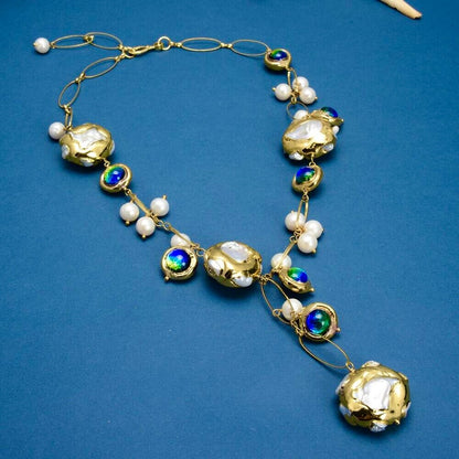 Blue Murano Baubles and Freshwater Pearls Gold Chain Statement Necklace