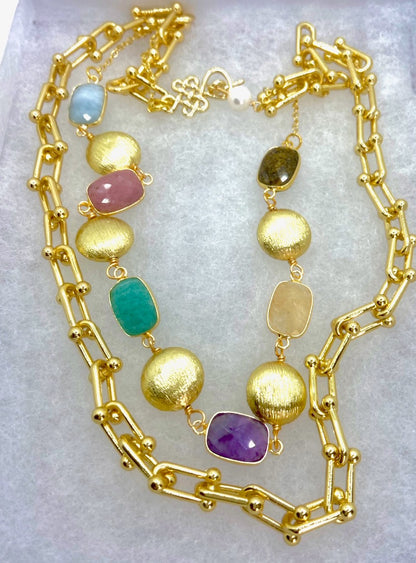 Multi-Colored Gemstone Double-Strand Chunky Gold Chain Necklace 21"
