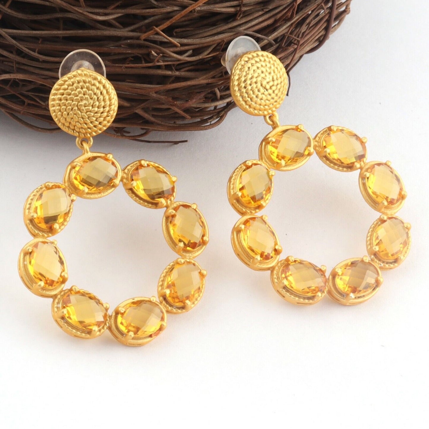 Citrine Gemstone Gold Twisted Statement Earrings 2"