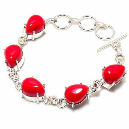Sterling Silver Italian Red Coral Gemstone Chain Bracelet 7”- 8”