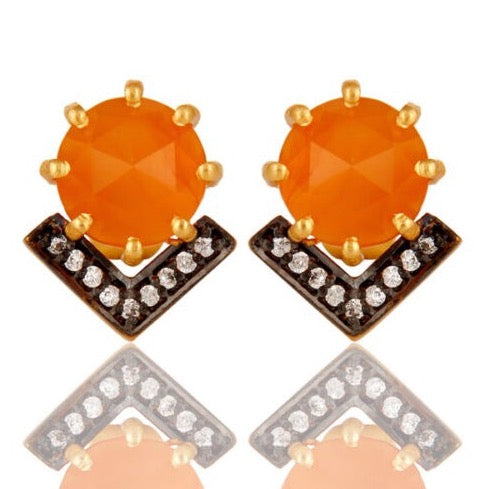 Petite Orange Carnelian and Rhodium Gold Stud Earrings