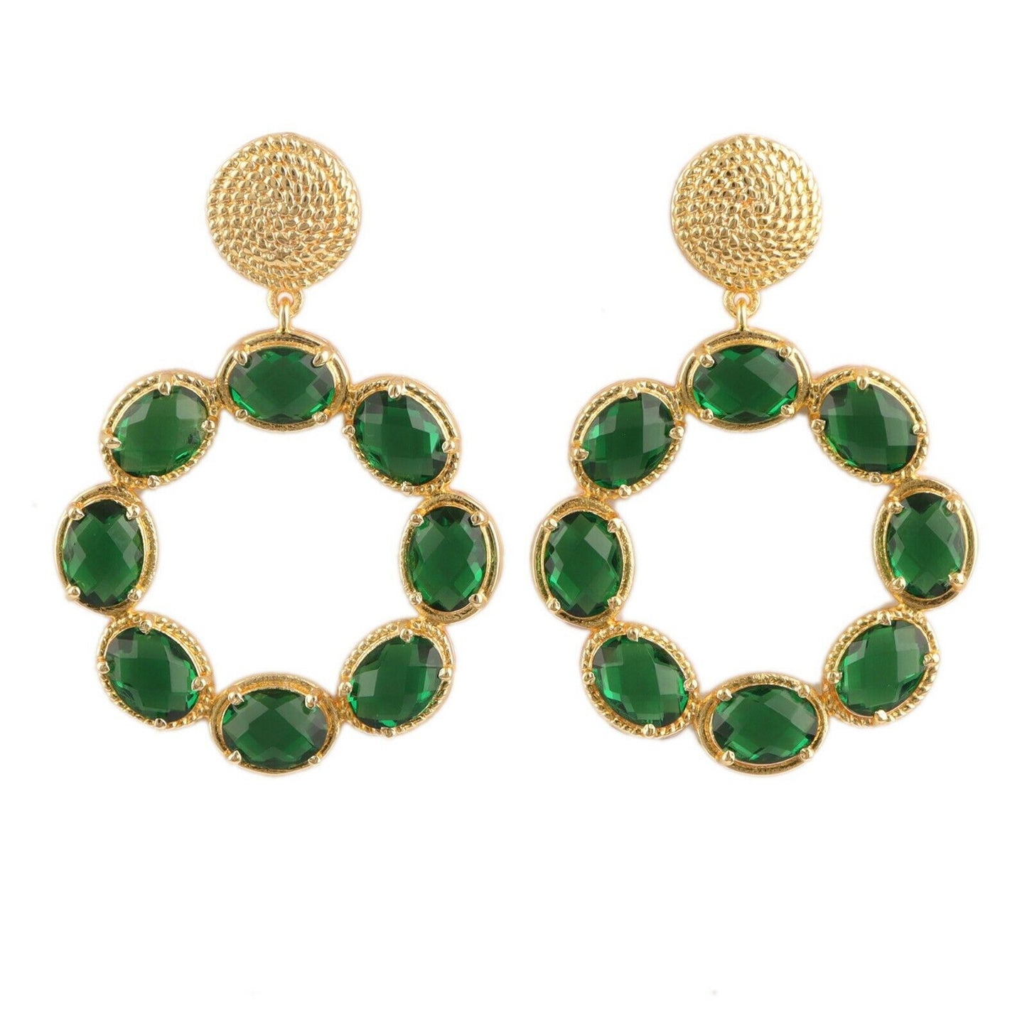 Green Quartz Gemstone Gold Twisted Statement Earrings 2"
