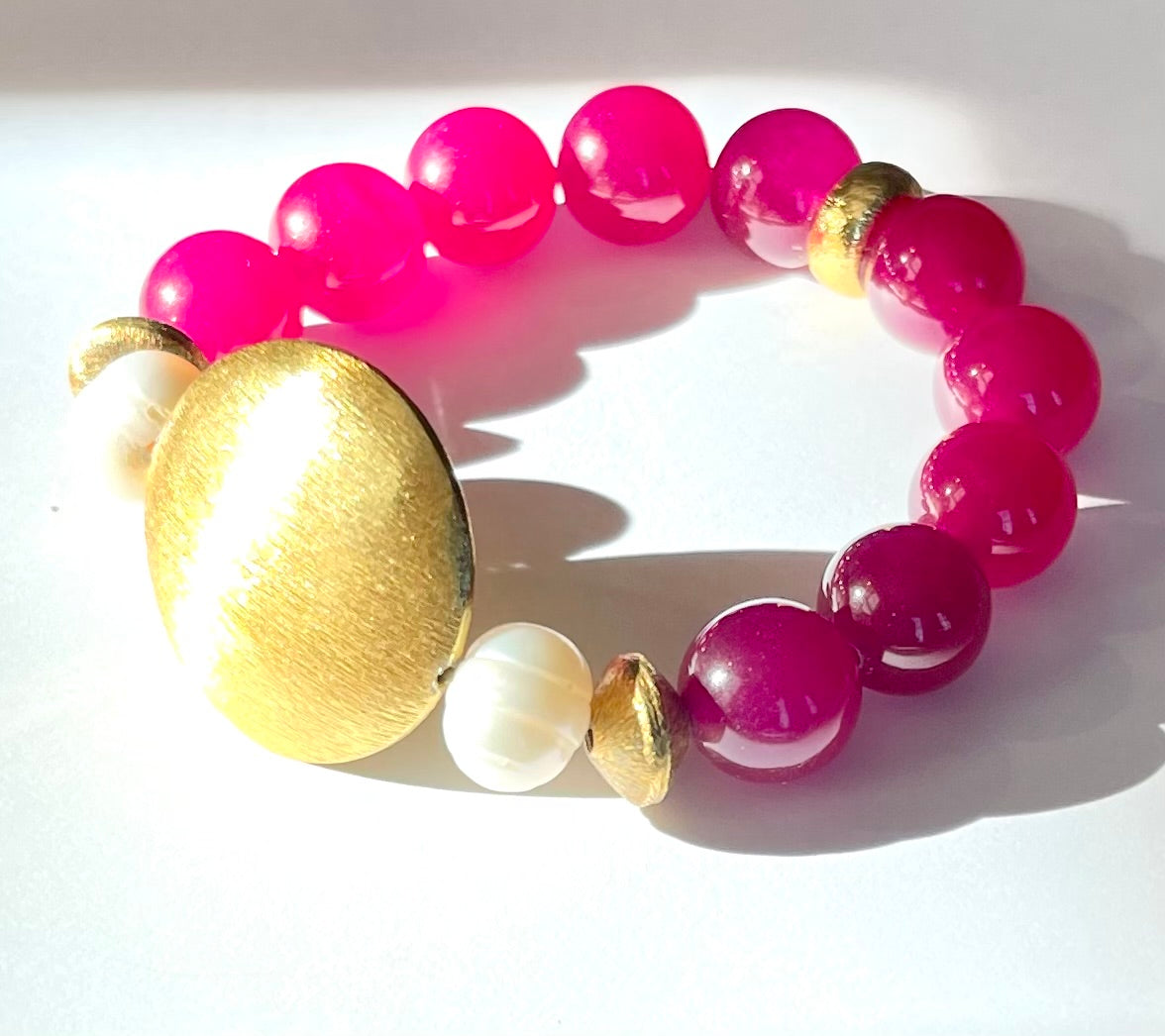 Pink Rose Quartz and Pearl Gemstones Brushed Gold Vermeil Beaded Bracelet