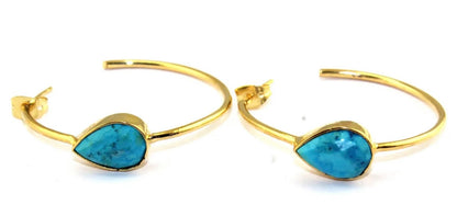 Pear-Shaped Turquoise Gemstone Hoop Earrings 2.25”