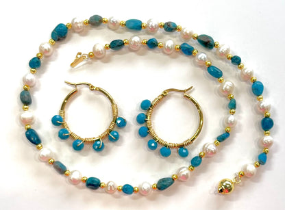 Blue Apatite Gemstone & Pearl Necklace with Hoop Earrings Set