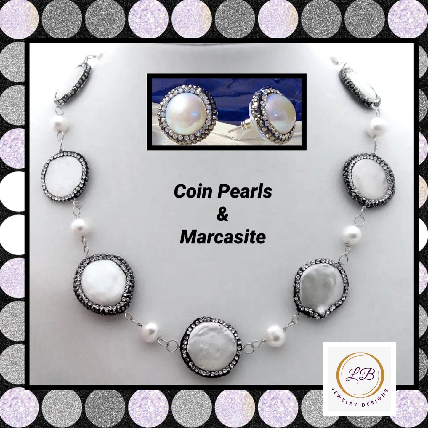 Marcasite-Trimmed Coin Pearl Earrings and Necklace Set