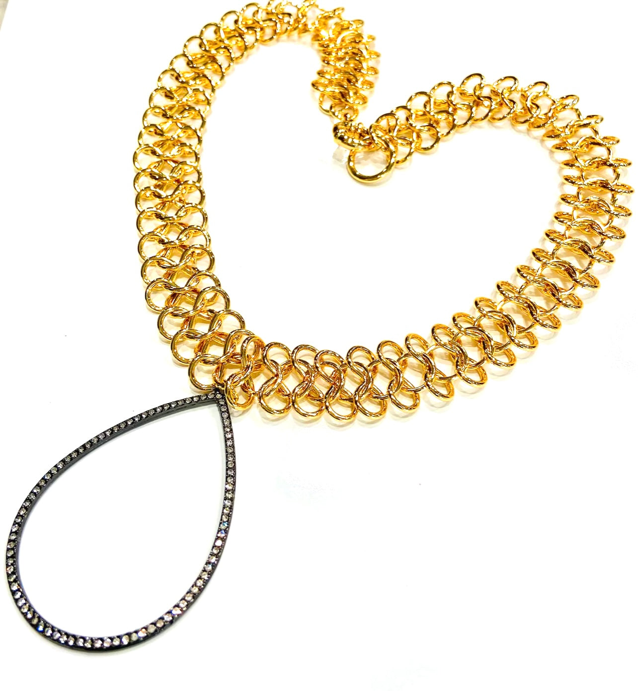 Double Loop Chain Necklace with Gunmetal Pave Pendant 18”