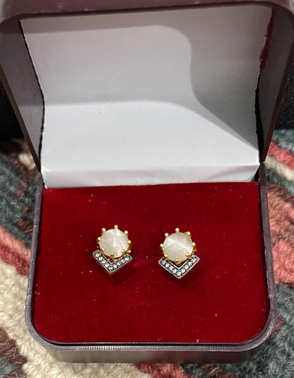 Petite White Moonstone and Rhodium Gold Stud Earrings