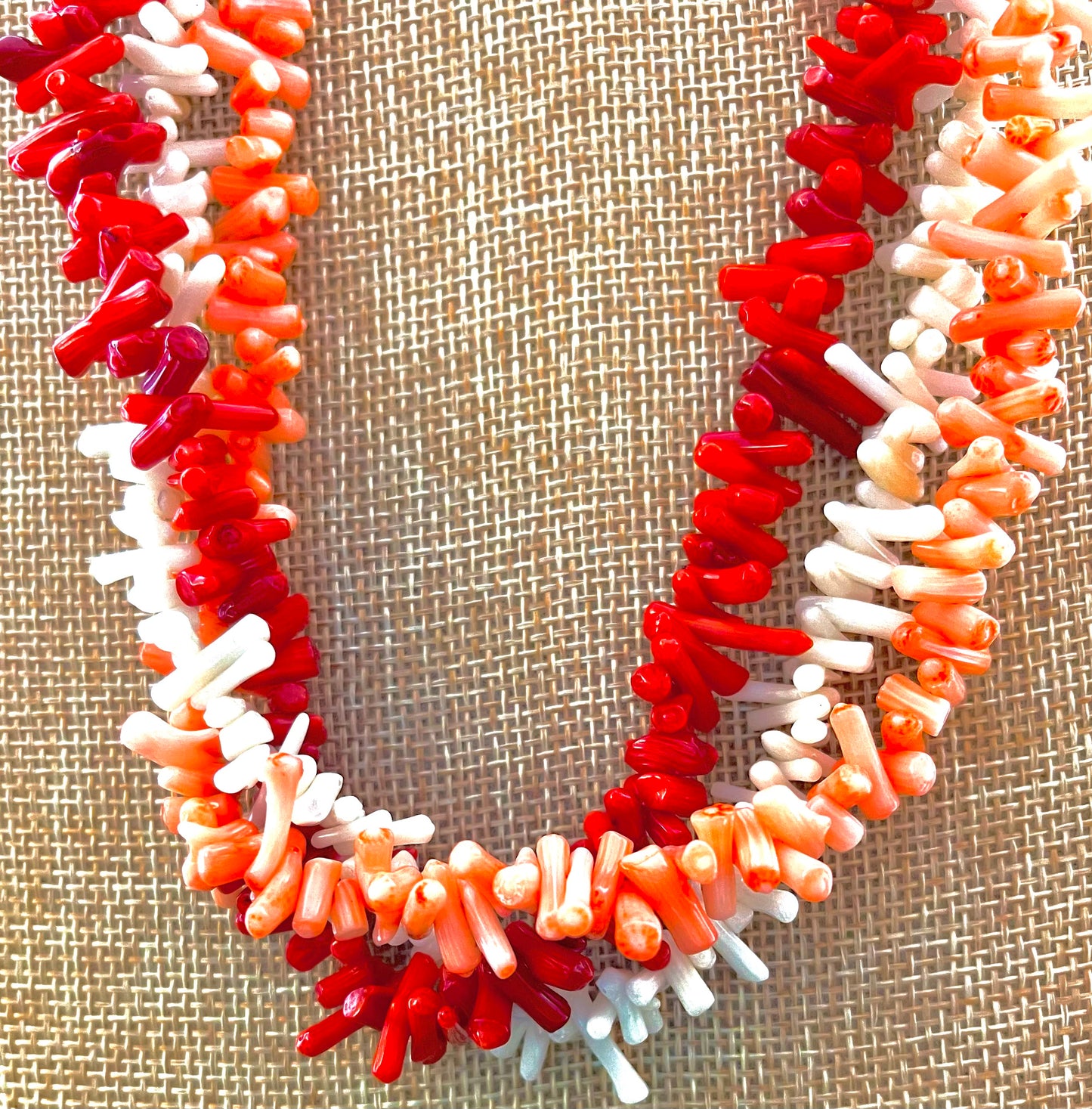 Natural Red, Pink & White Coral Gemstones Triple-Strand Statement Necklace 18"
