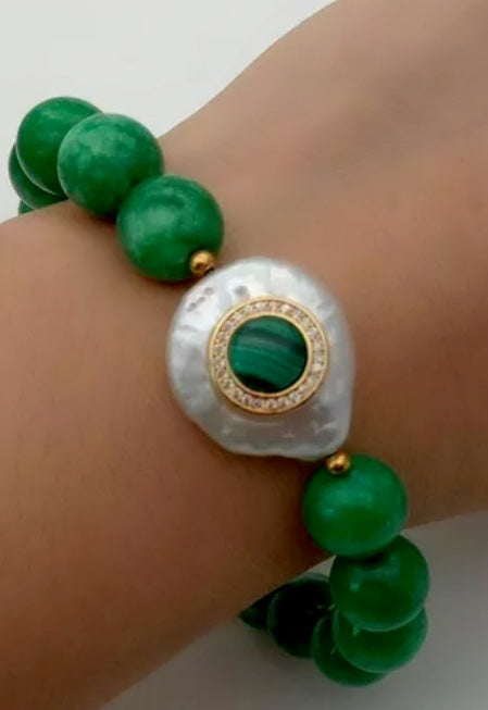 Green Jade Beaded Bracelet with Coin Pearl Malachite Accent 8”