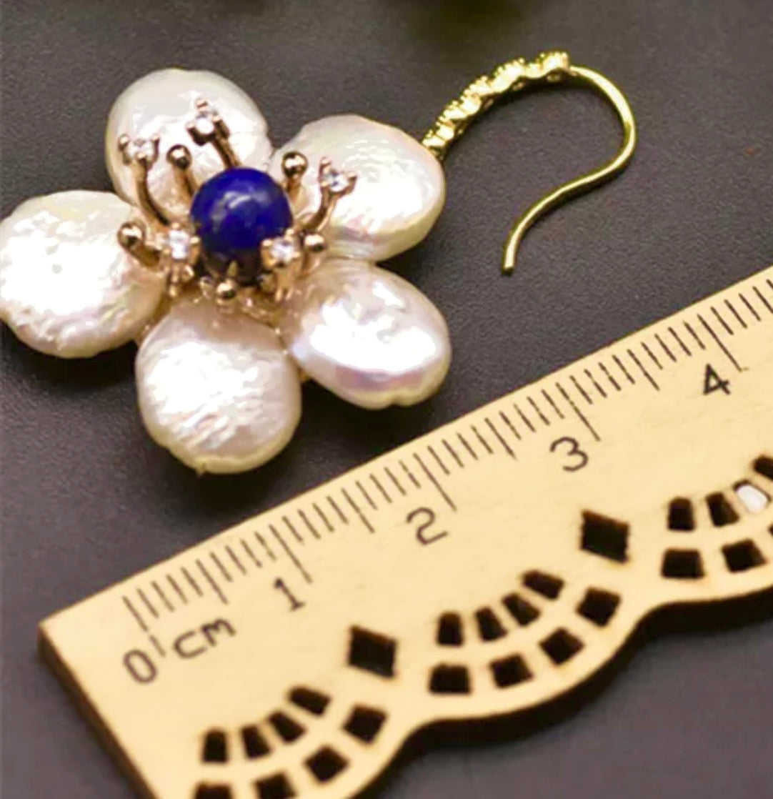Lapis Lazuli and Pearl Dangle Statement Dangle Earrings 3"