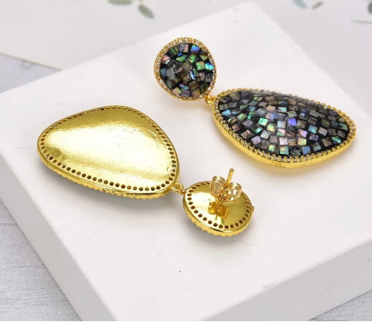 Iridescent Rainbow Abalone Shell Gold Statement Earrings 2.0"