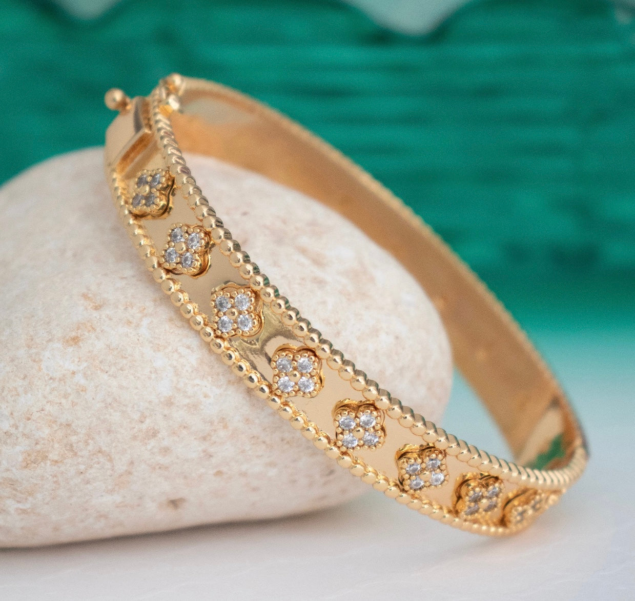 Lovely Gold-Hinged Clover Pave Crystal Bangle Bracelet