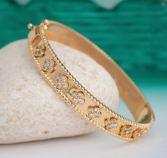 Lovely Gold-Hinged Clover Pave Crystal Bangle Bracelet