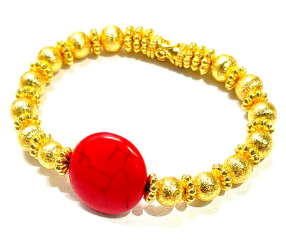 Minimalist Red Coral and Brushed Gold Vermeil Beaded Bracelet