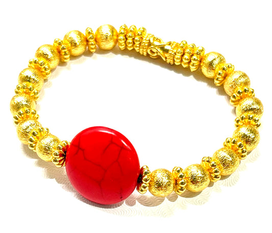 Minimalist Red Gemstone and Brushed Gold Vermeil Beaded Bracelet