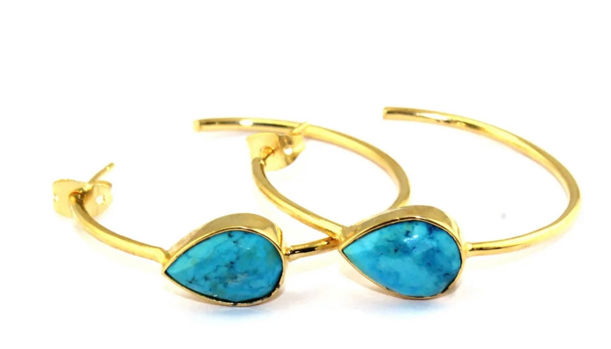 Pear-Shaped Turquoise Gemstone Hoop Earrings 2.25”