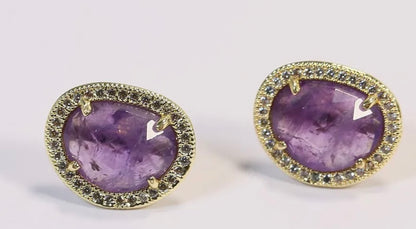 Elegant Faceted Purple Amethyst Bezel Set Pave Stud Earrings