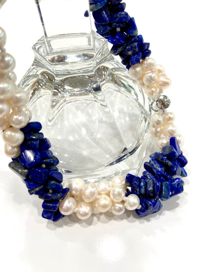Lapis Lazuli Gemstones and Freshwater Pearls Gemstone Triple-Strand Statement Necklace 18"