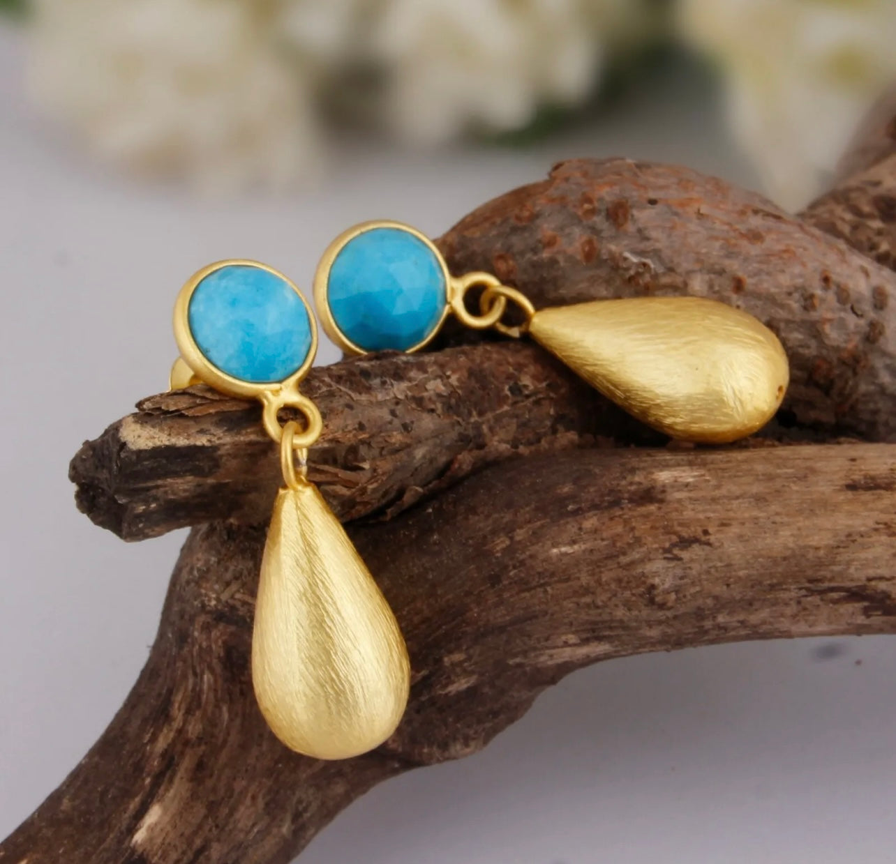 Turquoise Gemstones and 22k Brushed Gold Vermeil Teardrop Dangle Earrings 1.5”