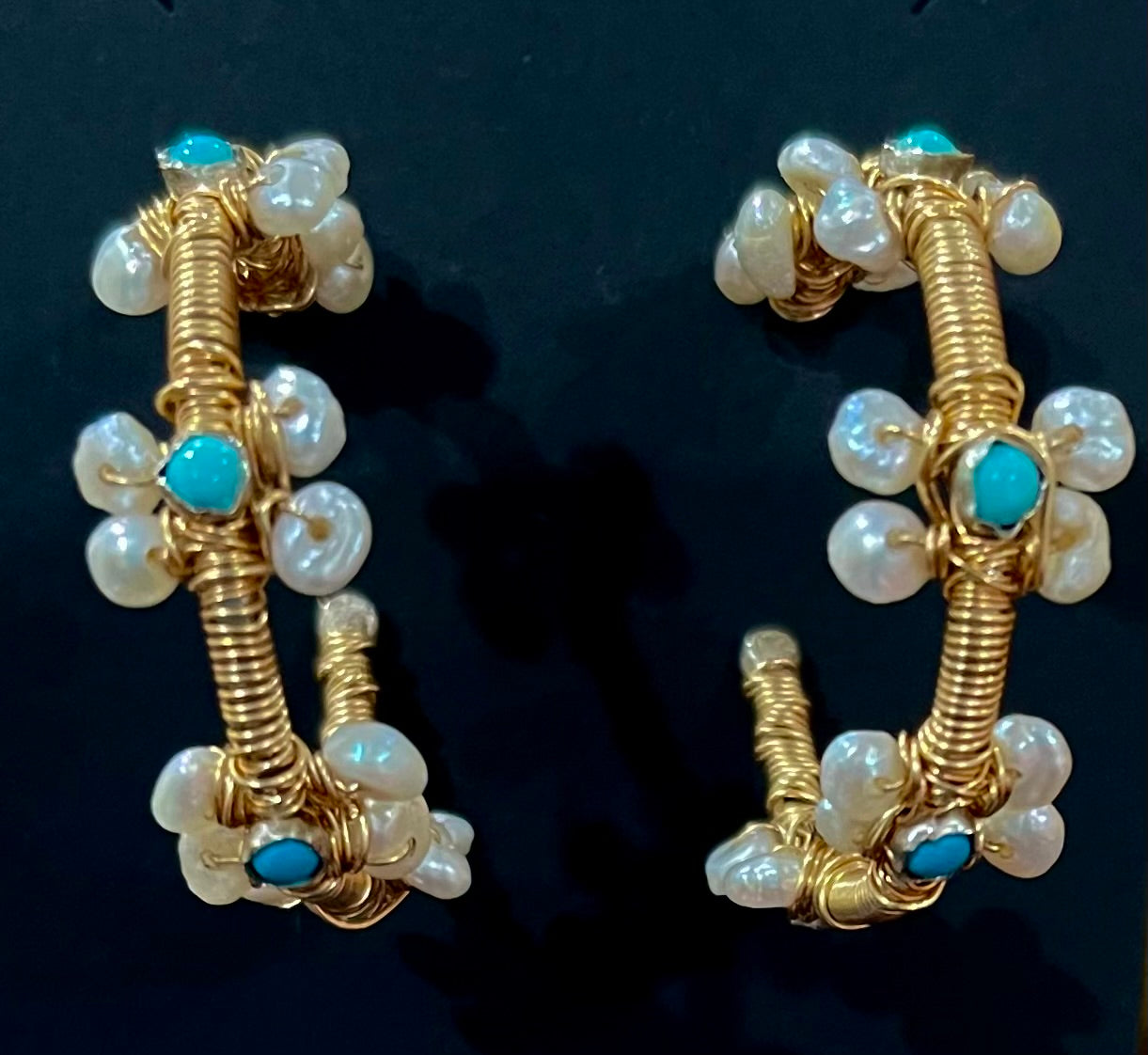 Gold-Filled Flower Turquoise & Freshwater Pearl Hoop Statement Earrings