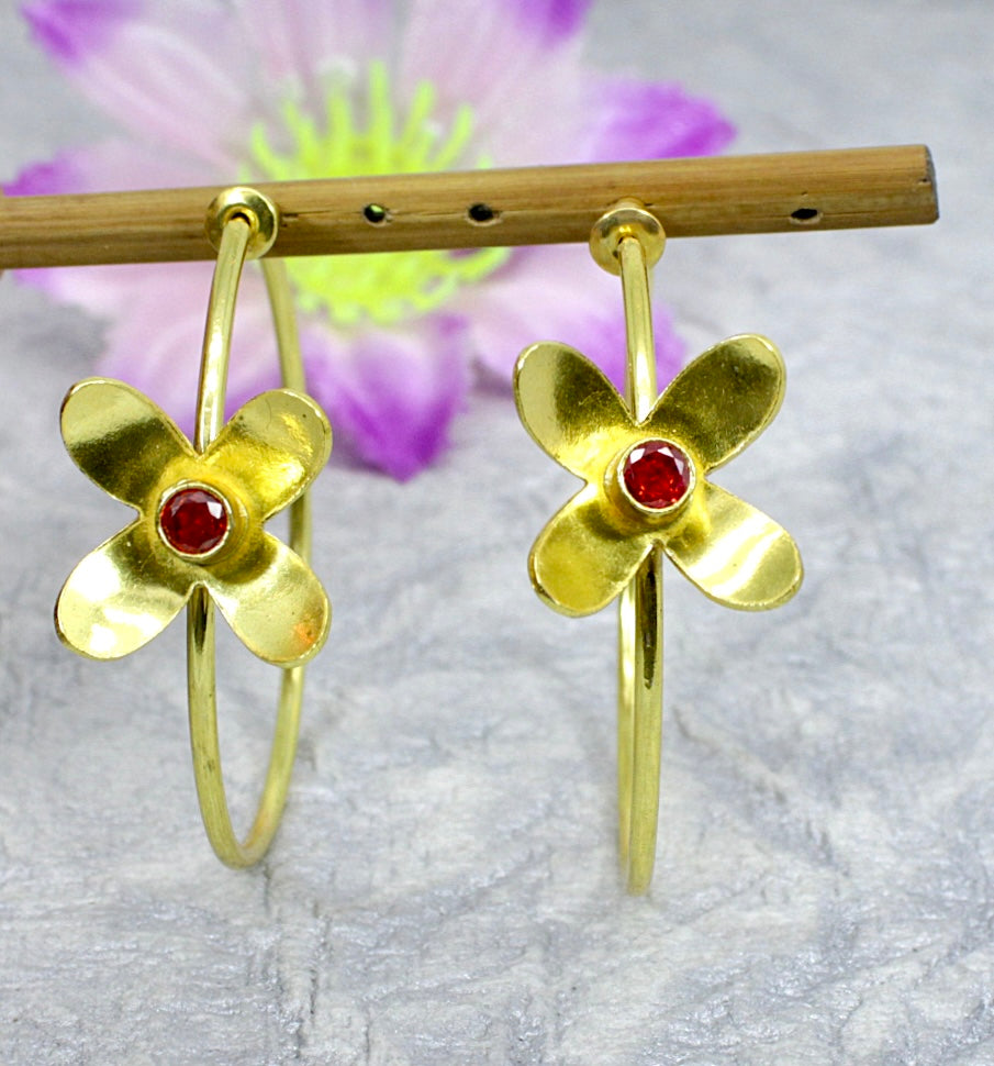 Mandarin Garnet Gemstone Flower Gold-Filled Hoop Earrings 2”